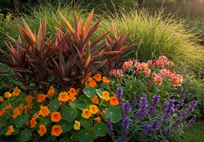 maximalist garden with cordyline, nasturtiums, salvia, alstroemeria and grasses