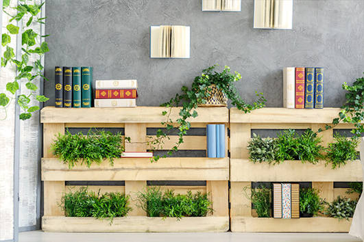 bookshelf made from pallets with houseplants summerwinds california