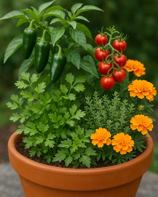 spicy garden container for dad spicy garden container for dad with cilantro, peppers, tomatoes, thyme and marigolds