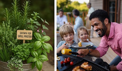 container gardens for dad with herbs and dad grilling for kids and family
