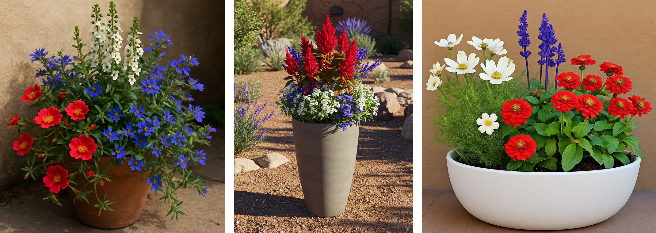 3 different container plant recipes using red, white and blue flowers, inspired by Independence Day.