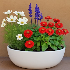 Zinnia, Cosmos, and Blue Salvia in a White Pot.