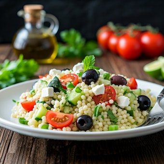 A bowl of Israeli couscous salad with tomatoes, feta, kalamata olives and more...