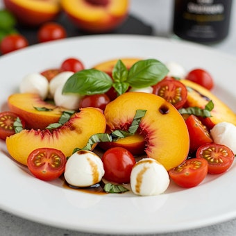 A plate of fresh peaches, tomatoes and basil with mozerella balls.
