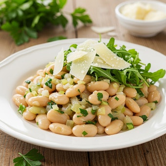 White beans, parmesean and arugula salad in lemon-herb dressing.