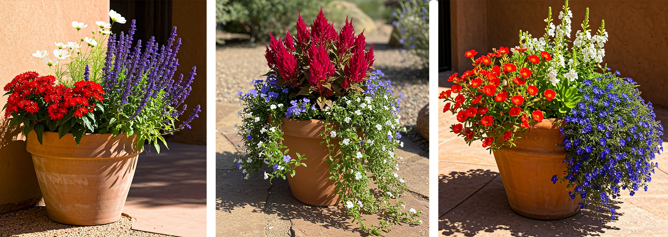 3 different container plant recipes using red, white and blue flowers, inspired by Independence Day.