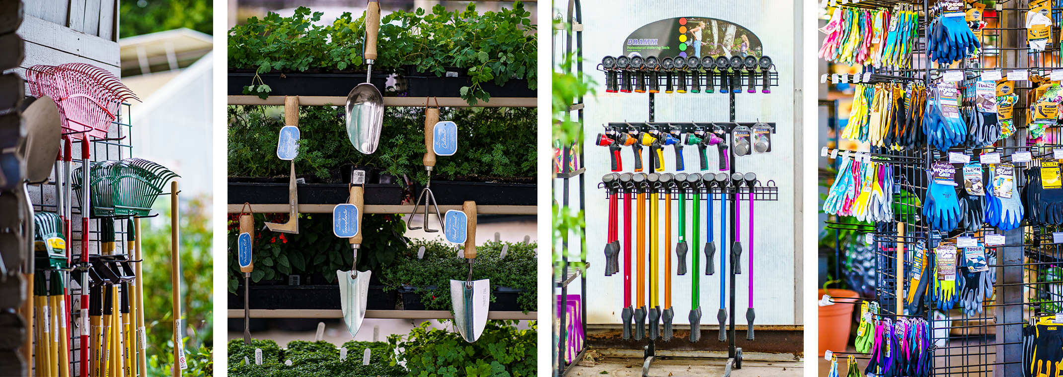 A collage of 5 images - A variety of garden gloves on display, garden trellises and hooks, plant saucers and rolling planter stand near houseplants, a variety of large garden tools on display, and a variety of garden hand tools on display