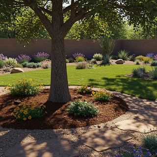 A backyard with shade tree, a pathway, small lawn, and desert-friendly plants.