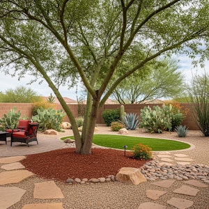 A patio, small lawn, large shade tree, and desert-friendly plants in a Southwestern back yard.