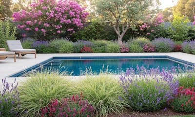 poolside plants assorted lavender, salvia, crape myrtle, olive tree, lomandra grass