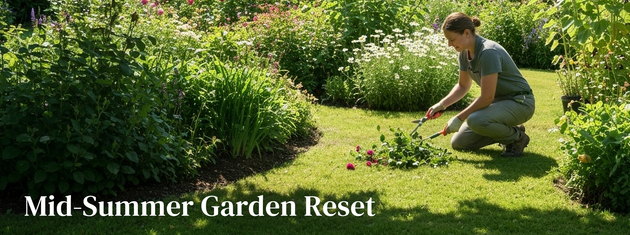 mid summer garden reset woman clipping and pruning mid july in her yard