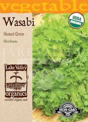 A package of Lake Valley Seed Wasabi Mustard Green seeds.