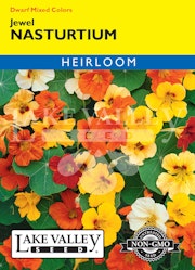 A packet of Dwarf Mixed Colors Jewel Nasturtium seeds from Lake Valley Seed.