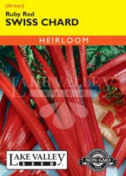 A packet of Ruby Red Swiss Chard seeds from Lake Valley Seed.
