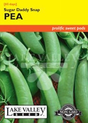 A packet of Sugar Daddy Snap Pea seeds from Lake Valley Seed.