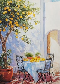 A painting of a potted lemon tree near a cafe table outside a white adobe building.