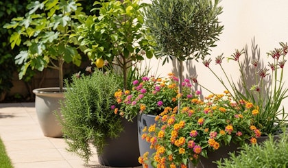 mediterranean plants lantana, fig, citrus, rosemary, kangaroo paws and olive tree