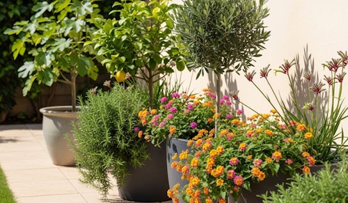 mediterranean plants lantana, fig, citrus, rosemary, kangaroo paws and olive tree mediterranean plants lantana, fig, citrus, rosemary, kangaroo paws and olive tree