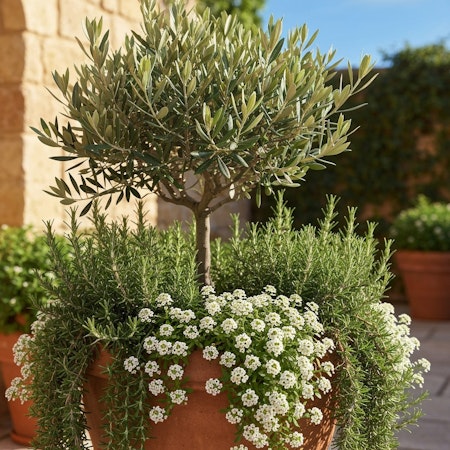 mediterranean container gardens olive tree, rosemary and alyssum