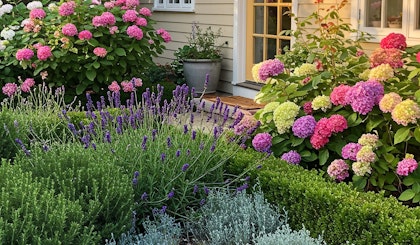 french garden assorted plants, hydrangeas, lavender, boxwood, rosemary
