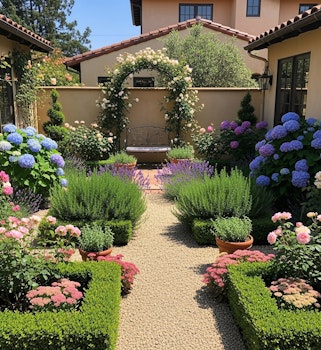 french inspired garden with boxwood, rosemary, hydrangeas, yarrow, roses