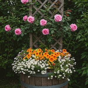 cottage container garden barrel with nasturtiums, climbing roses and allysum