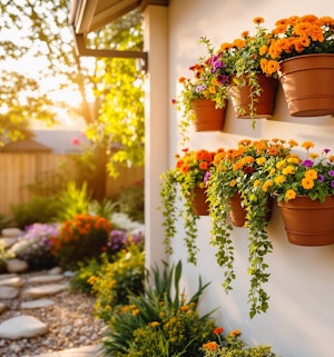 vertical container gardens fall flowers marigolds, pansies and dichondra