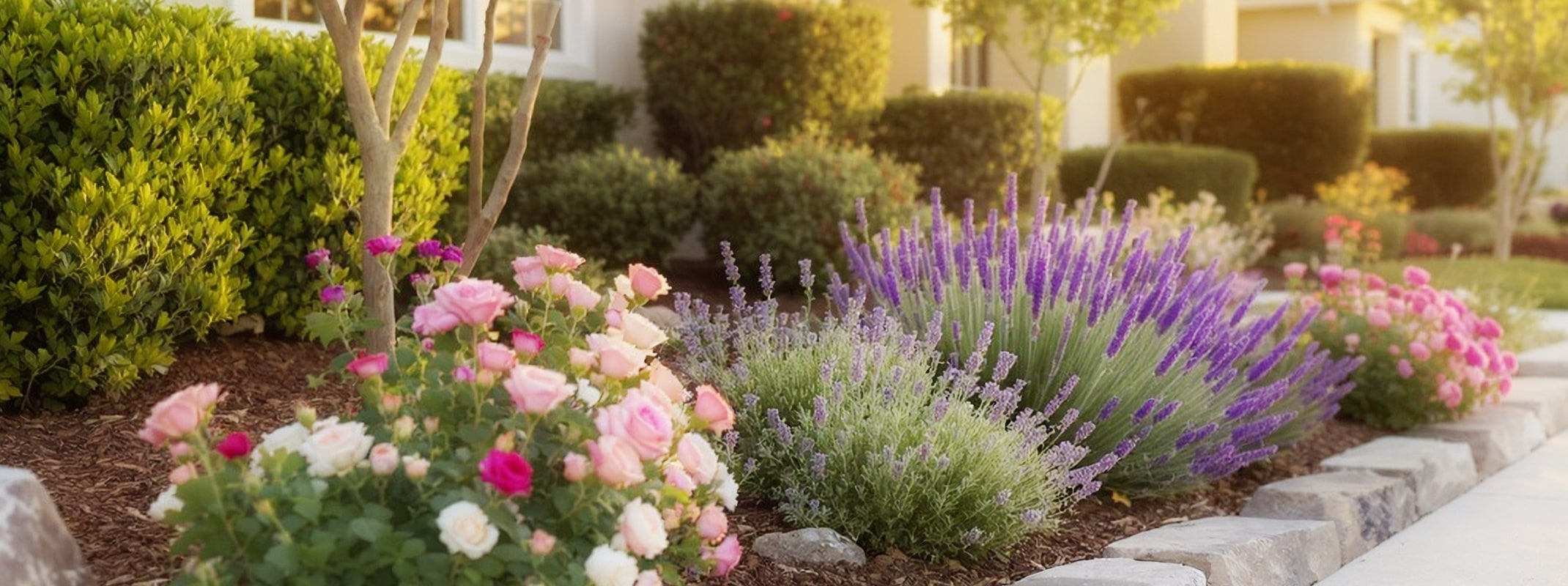 scented fall garden roses, lavender landscape