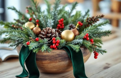 greens holiday christmas bowl on table with green ribbon