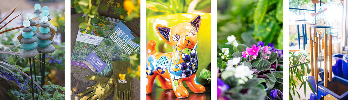 Host Gift Ideas Stone and Glass garden art, seeds and a hand mister, a talavera animal, African violets and other houseplants, wind chimes and pots.