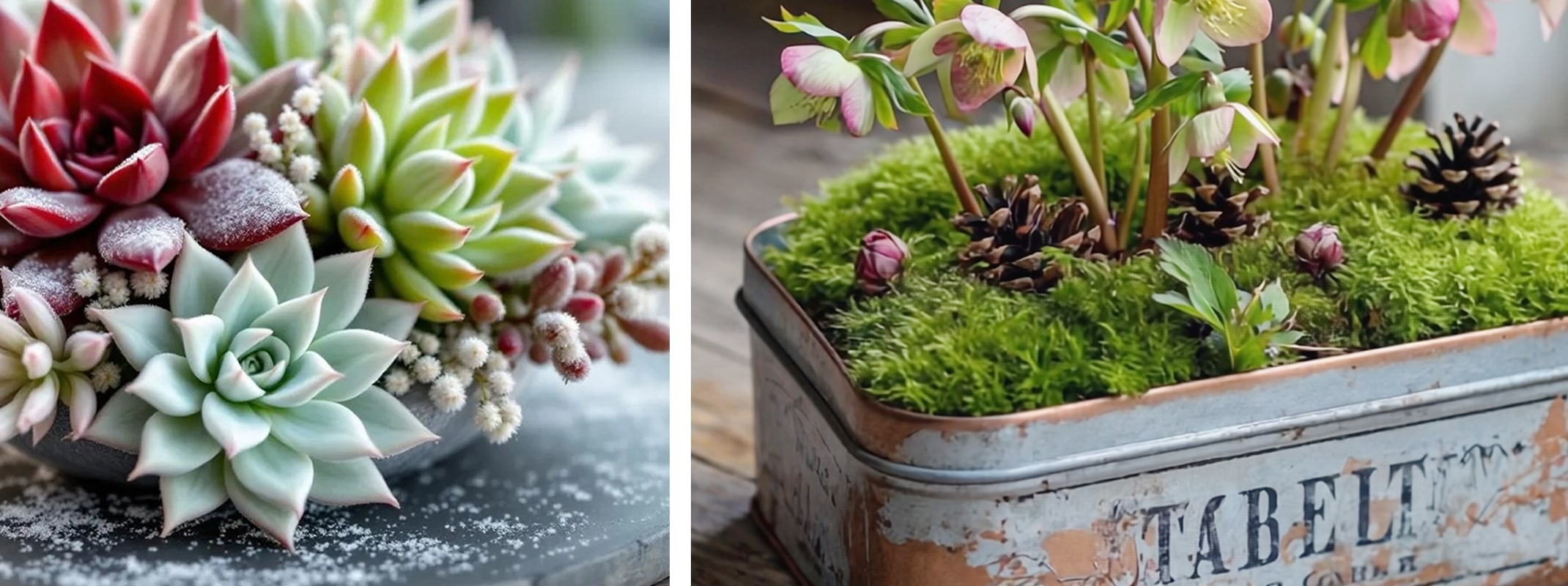 holiday planters with succulents, hellebores and moss in tin container