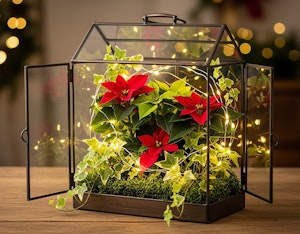 ornamental lantern with ivy, poinsettias and mini lights