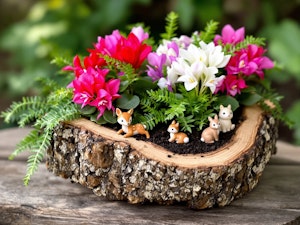 woodland log planter with cyclamen and miniature forest animals