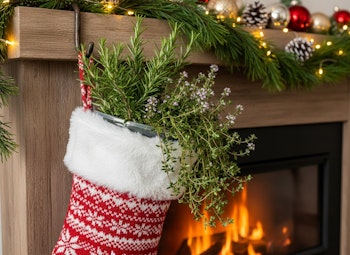 herb holiday stocking near wood burning fireplace