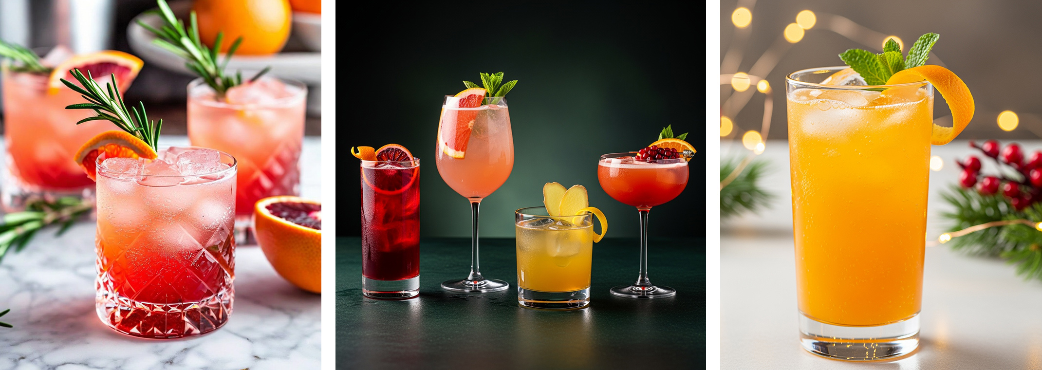 A collage of 6 different drinks made using variations of a home-made citrus shrub recipe.