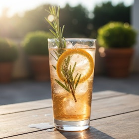 Close up of refresing drink made with a citrus shrub, lemon peel and rosemary.