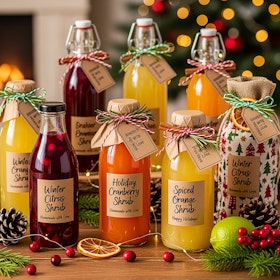 Eight different bottles of giftwrapped homemade shrub drink mixes on a festive table with a Christmas tree in the background.