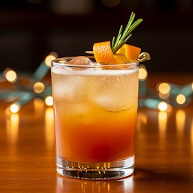 A close up of a citrus shrub drink with rosemary and orange garnishes.