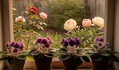 nostalgic garden afican violets, peonies, roses