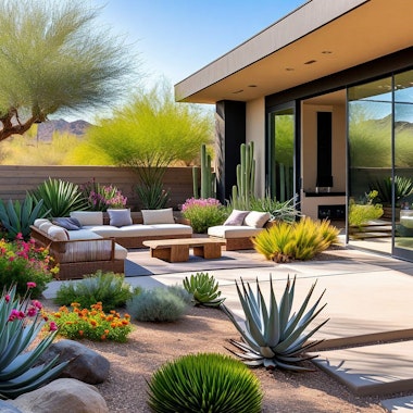A modern Southwest patio and back yard with a variety of desert-friendly plants and colorful blooms.