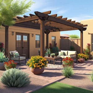 A patio in the Southwest with a variety of desert-friendly plants.