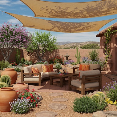 A welcoming back yard in the Southwest landscaped with a variety of desert-friendly flowers and plants, and covered patio seating.