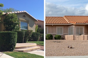 Two homes, one with a very manicured landscape and lawn, and the other with a large rockscaped area and few plants.