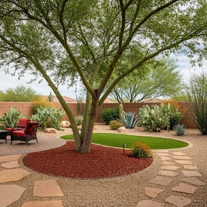 A patio, small lawn, large shade tree, stone pathyways and patio, and desert-friendly plants in a Southwestern back yard.