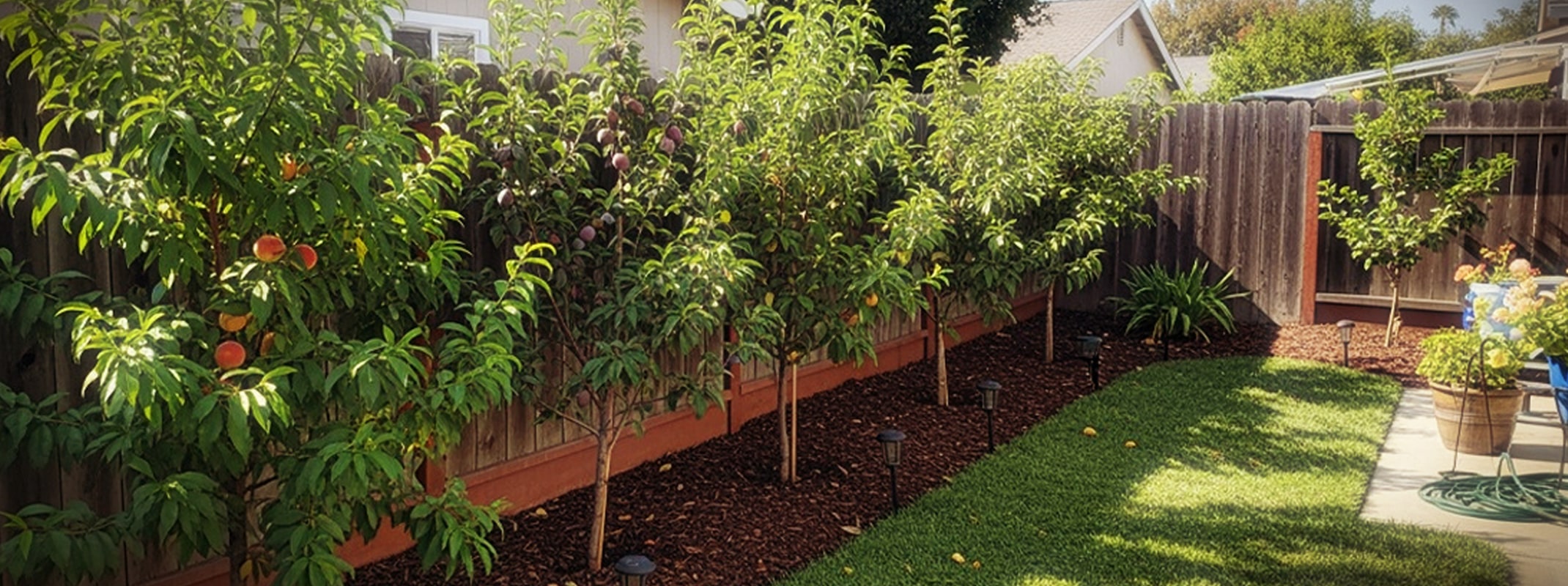 backyard orchard culture rows of fruit trees in back yard