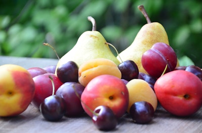 assorted fruits nectarines, cherries, plums and pears on table outdoors
