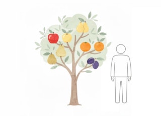 person standing next to multi-graft fruit tree with multiple fruits on one tree illustrator image
