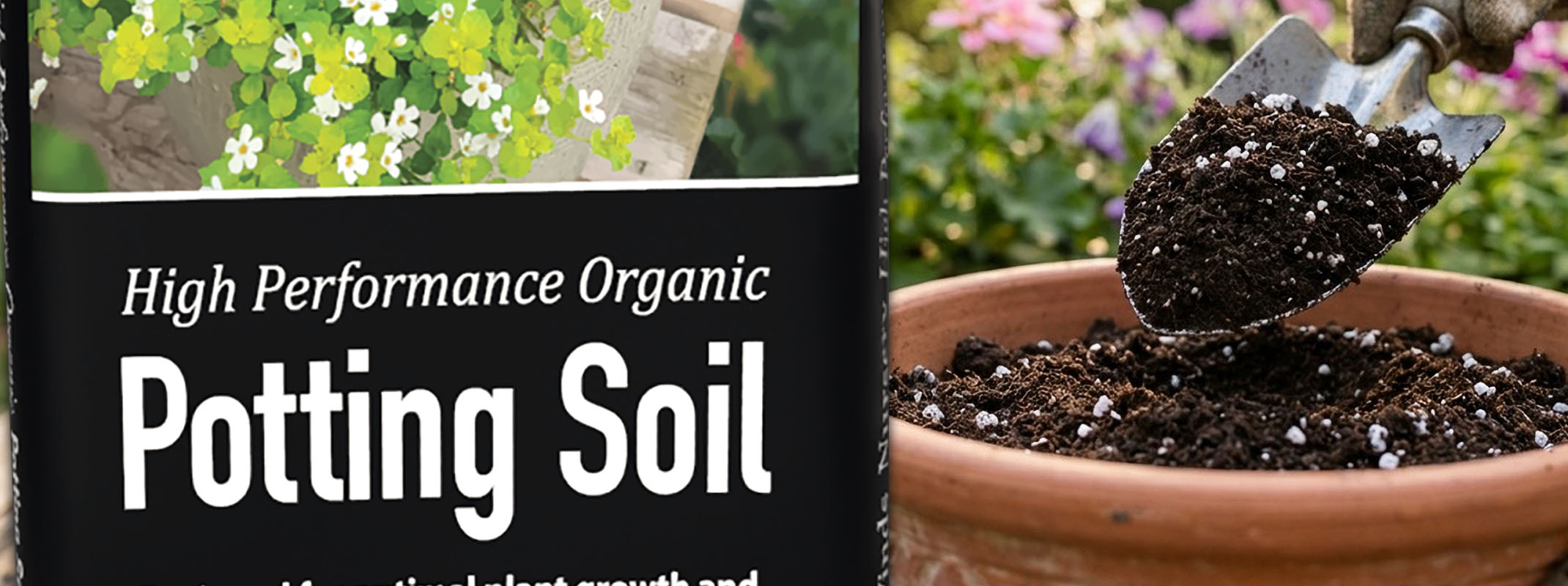 high performance organic potting soil black bag shovel holding soil over container