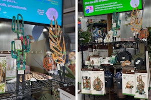 2 images of Treleaf Palmella plant trellises and cork, leaf-shaped saucers on display at SummerWinds Nursery.