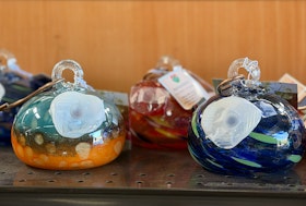 Colorful, round glass hummingbird feeders on display at SummerWinds Nursery.